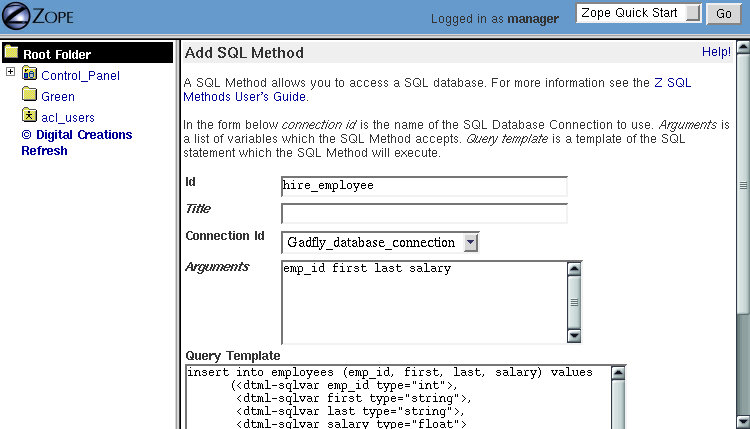 The Add form for Z SQL Methods