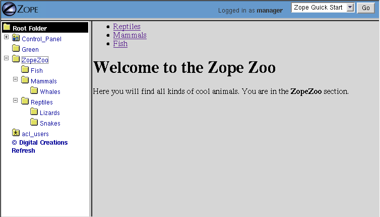 Zope Zoo front page.