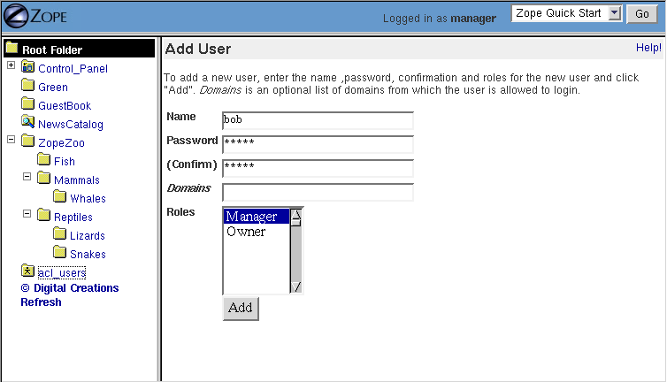 Adding a user to a user folder.