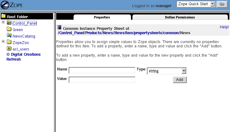 The properties screen for a Property Sheet
