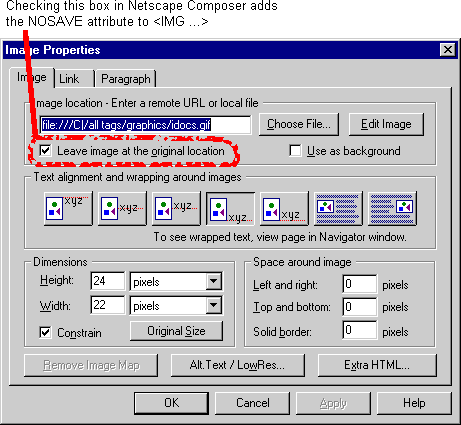 Checking the 'Leave image at the original location' box in Netscape composer adds the NOSAVE attribute