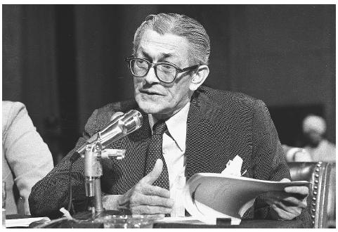 James Angleton, former chief of Counterintelligence at the Central Intelligence Agency, answers questions before the Senate Intelligence Committee in 1975 regarding the CIA practice of opening mail of targeted Americans. Proceedings from the committee resulted in tighter controls concerning CIA covert actions. AP/WIDE WORLD PHOTOS.