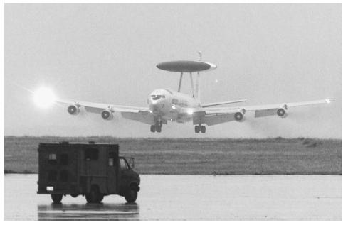 An E-3 Sentry airborne warning and control system aircraft (AWACS) lands at Kadena Air Base on Okinawa, Japan. ©REUTERS NEWMEDIA INC./CORBIS.