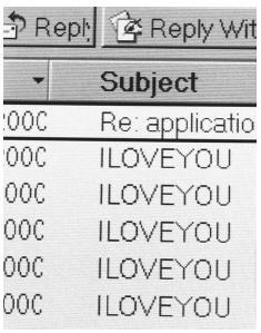 A computer screen e-mail inbox showing subject names reading "ILOVEYOU," that contains a powerful computer virus that struck global communications systems and crippled government and corporate computer networks around the world in May, 2000. AP/WIDE WORLD PHOTOS.