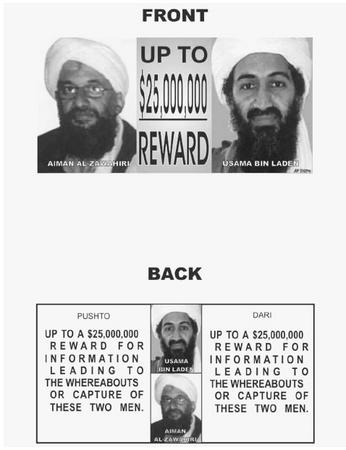 Leaflets dropped over Afganistan by the U.S. military advertising rewards of up to $25 million offered by the U.S. government for information leading to the capture of Usama bin Laden or his lieutenant Aiman al-Zawahiri. AP/WIDE WORLD PHOTOS.