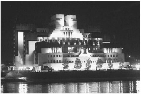The headquarters of the British intelligence services MI6 in London, seen from across the River Thames on the night of September 20, 2000, after an anti-tank rocket was fired at the building. No injuries resulted from the attack, thought to have been perpetrated by the Real IRA. AP/WIDE WORLD PHOTOS.
