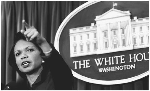 U.S. National Security Advisor Condoleezza Rice fields a question during a press briefing at the White House, November 1, 2001. ©REUTERS NEWMEDIA INC./CORBIS.