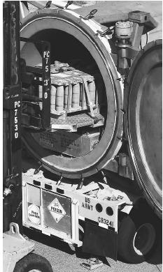 Cold War-era artillery shells containing GB nerve gas are carefully loaded into a steel cask for transport to an incinerator at a chemical depot in Utah in 2001. AP/WIDE WORLD PHOTOS.