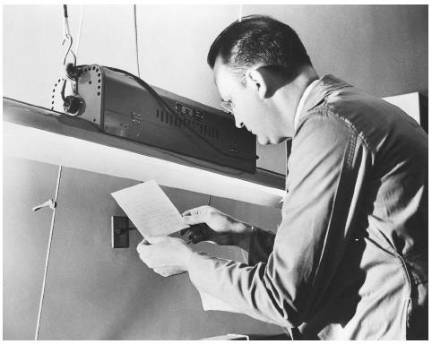 An FBI agent is shown using ultraviolet light to read secret writing on a paper from a suspected spy case. ©BETTMANN/CORBIS.