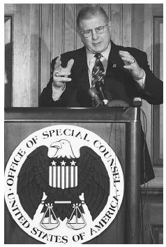 Transportation Undersecretary John Magaw speaks during a press conference at the Federal Aviation Administration in Washington, where he discussed an agreement to better protect aviation safety agency whistleblowers against reprisals in the era of terrorist threats. AP/WIDE WORLD PHOTOS.