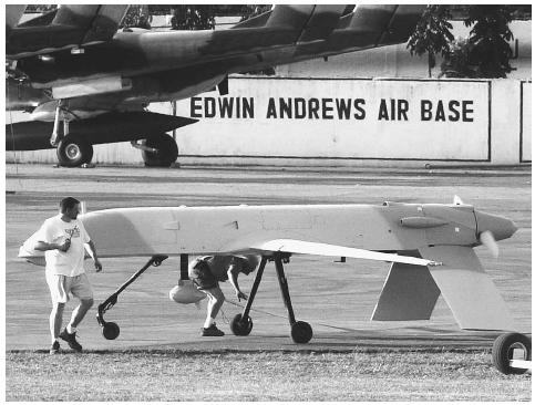 The U.S. military used several unmanned spy aircraft such as this GNAT Aerial Reconnaissance Vehicle to help the Philippine military hunt down Islamist extremist guerrillas on the Philippine island of Basilan in 2002. AP/WIDE WORLD PHOTOS.