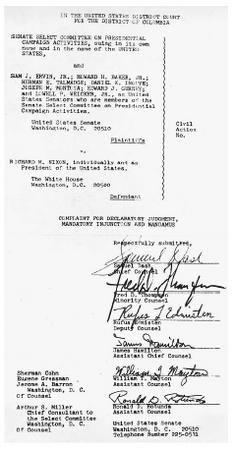 Photo showing the first and last pages of the complaint filed in Washington, D.C., by the Senate Watergate committee in 1973 naming as defendant Richard Nixon both individually and as president of the United States. AP/WIDE WORLD PHOTOS..