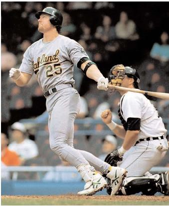 Mark McGwire astounded baseball fans when he hit 70 home runs in 1998. But his use of legal performance-enhancing supplements, such as androstenedione, raised tough questions for athletes and trainers. [AP/Wide World Photos. Reproduced by permission.]