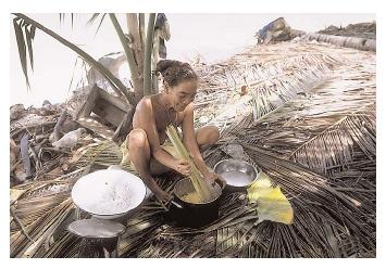 Breadfruit (being prepared here) is one of many starchy fruits traditionally eaten by Pacific Islanders. The diet also includes abundant fresh vegetables, fish, and nuts. [Photograph by Wolfgang Kaehler. Corbis. Reproduced by permission.]