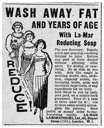 A 1920s advertisement for weight-loss soap promises quick, painless results and offers a money-back guarantee. Both claims are frequently made by quacks about the fraudulent health products or services they sell. [Bettmann/Corbis. Reproduced by permission.]