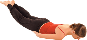 Lie on your belly, with your chin pressed to the floor. Place your forearms and hands under your pelvis