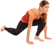 In a squatting position, take in a deep breath and extend your left leg back, bending your right knee into your chest