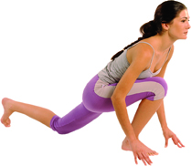 In a squatting position, take in a deep breath and extend your left leg back, bending your right knee into your chest