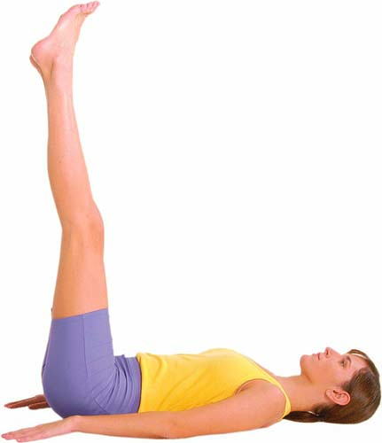 Lying down with your arms stretched out beside your body, lift up your legs to form a 90 degree angle